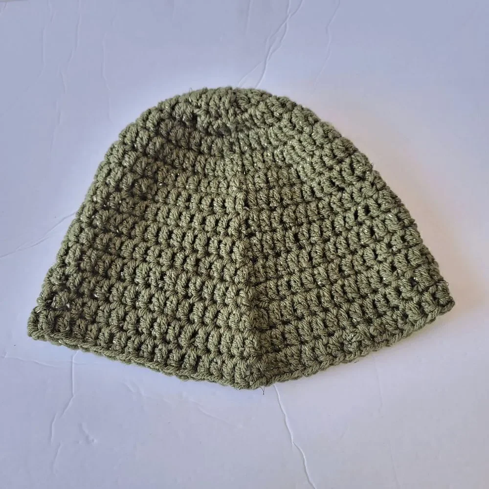 Hand made olive green gold beanie hat one size